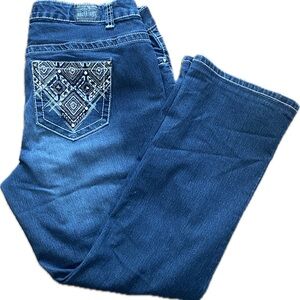 Love nation embellished Medium Wash Faded Bootcut Jeans Sz 16w Y2K Thick Stitch